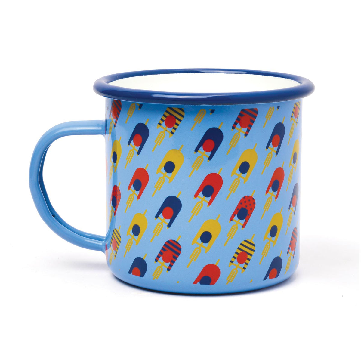 Enamel mug - cycling features a colourful design with playful cyclists on a blue background, shown in an angled view.