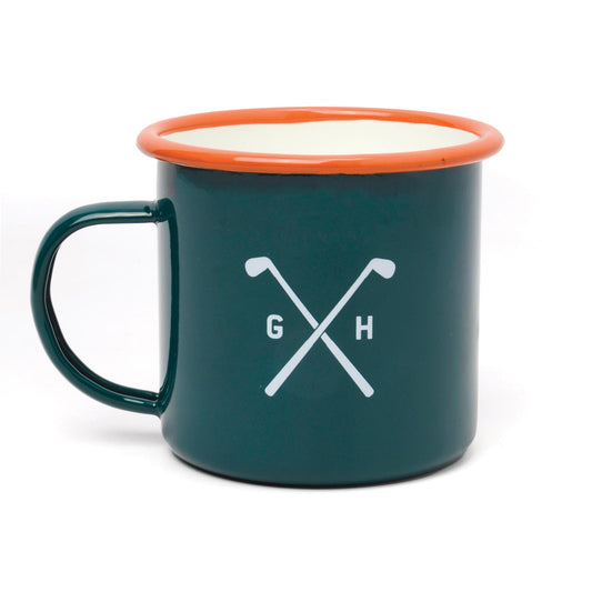 Enamel Mug - Golf in dark green with orange rim and graphic of crossed golf clubs, angled view.