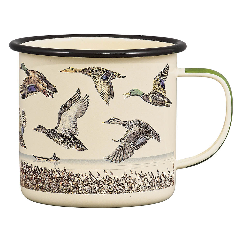 Enamel Mug - Lake & Ducks 17 fl.oz / 500 ml, lightweight steel, decorative duck illustrations, side view