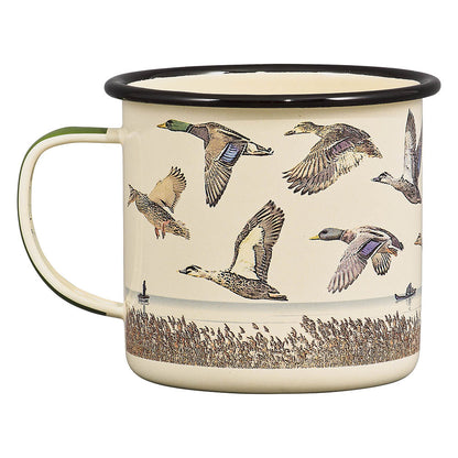 Enamel mug - Lake & Ducks 17 fl.oz / 500 ml featuring flying ducks and a serene landscape on a cream background, side view.