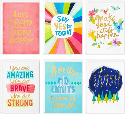 Hallmark Thinking of You, Encouragement, Get Well, Sympathy Cards Assortment featuring six colourful designs with motivational phrases and metallic foil accents, flat lay view.