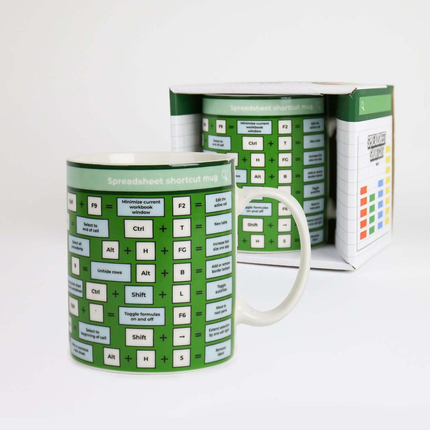 Gift Republic - Excel Shortcut Mug in a close-up view, featuring spreadsheet shortcuts printed on a green background with box packaging.