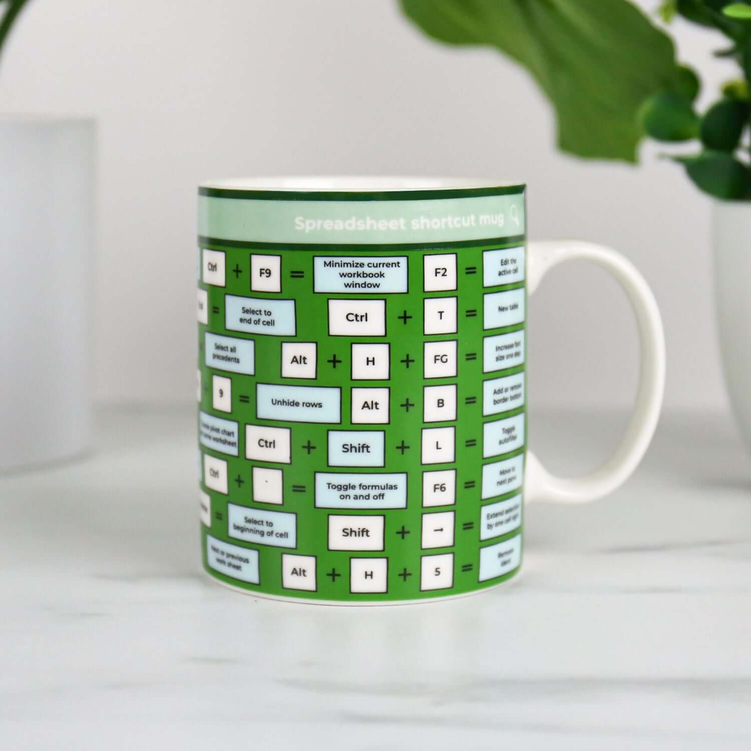 Gift Republic - Excel Shortcut Mug featuring spreadsheet shortcuts in a vibrant green design, showing various keyboard commands.