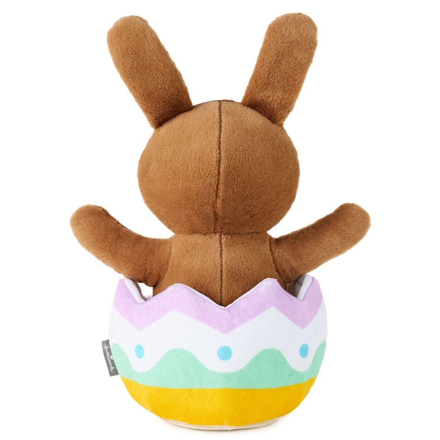 Excited for Eggs Bunny Plush With Sound and Motion, brown plush bunny in colourful Easter egg, back view showing soft texture.