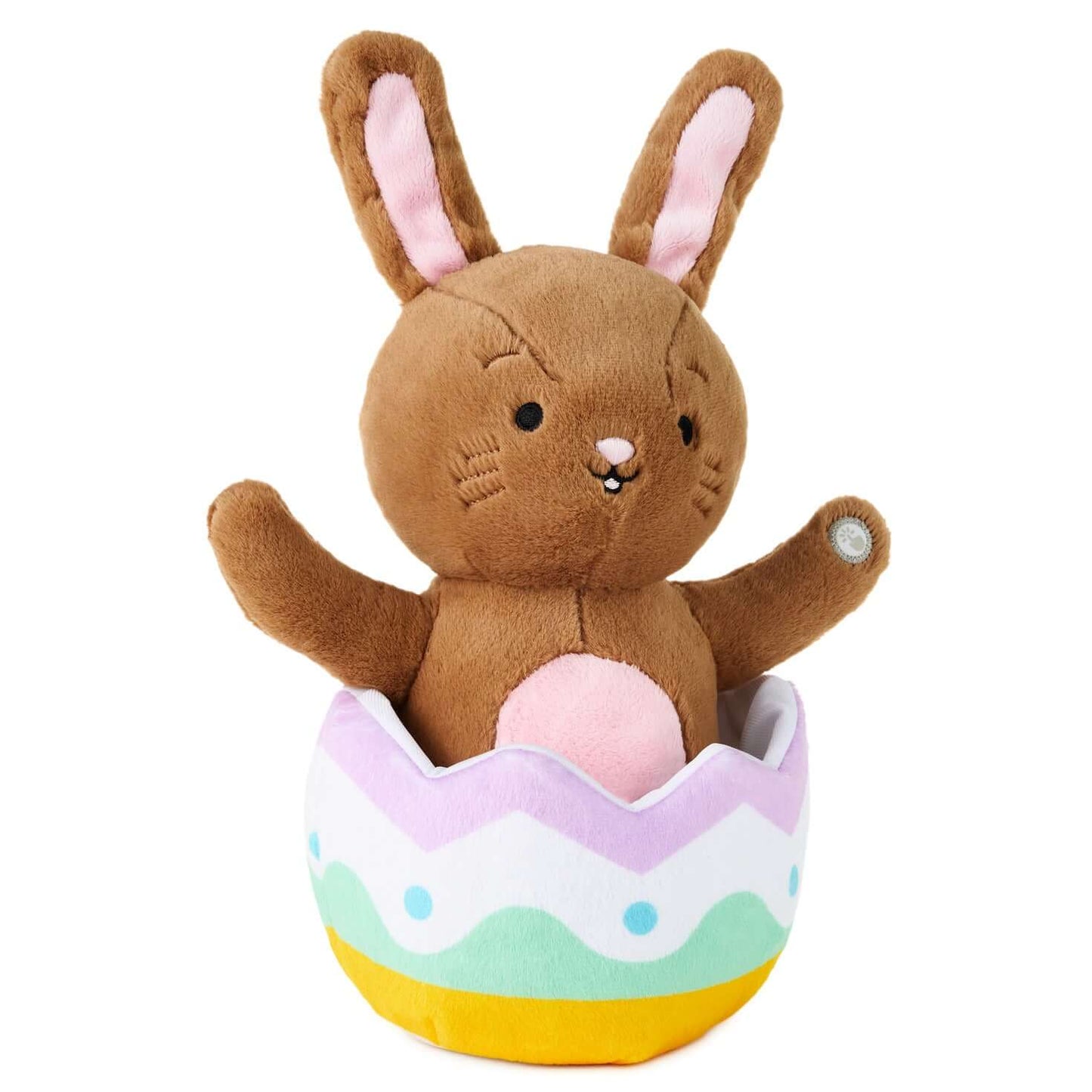 Excited for Eggs Bunny Plush With Sound and Motion, soft brown plush toy peeking from a colourful Easter egg, detailed facial features.