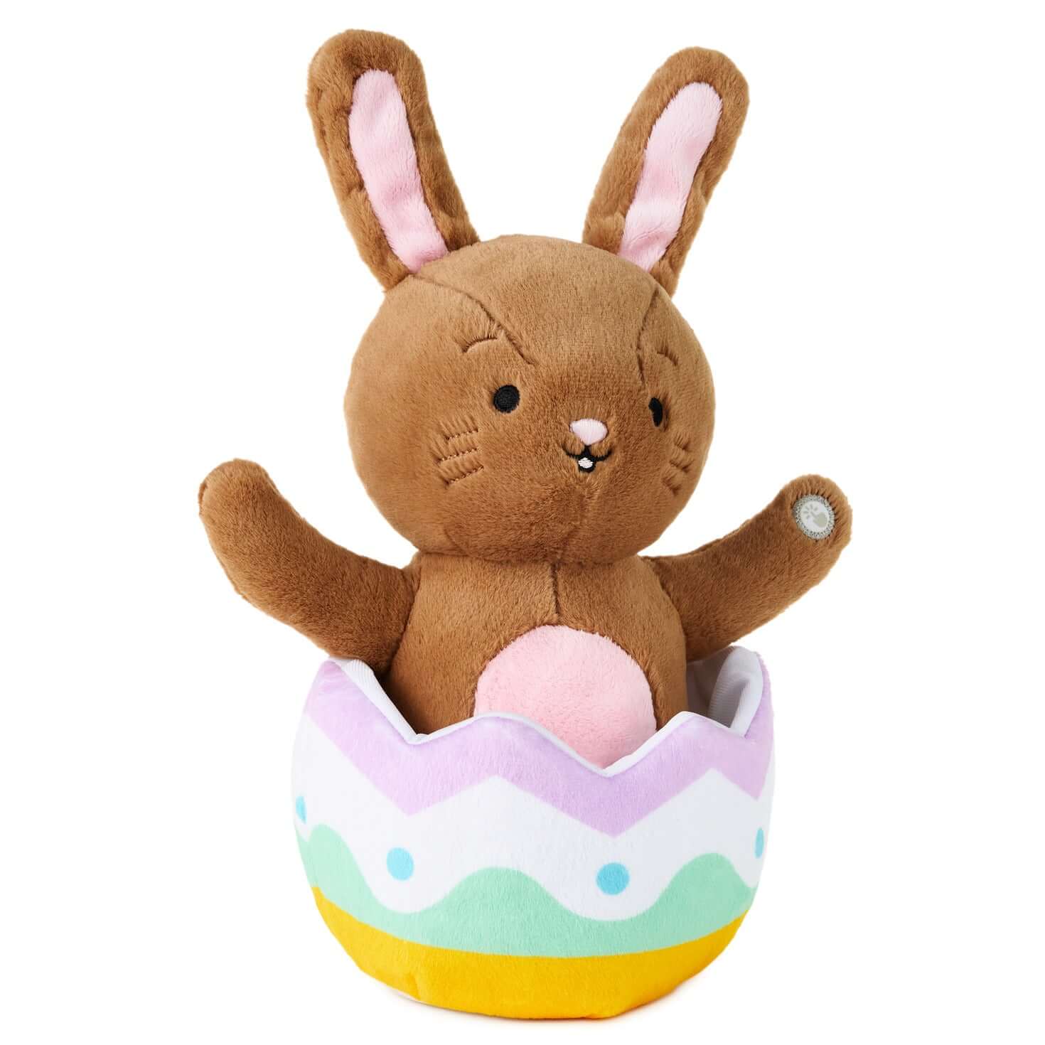 Excited for Eggs Bunny Plush With Sound and Motion, soft brown plush toy peeking from a colourful Easter egg, detailed facial features.