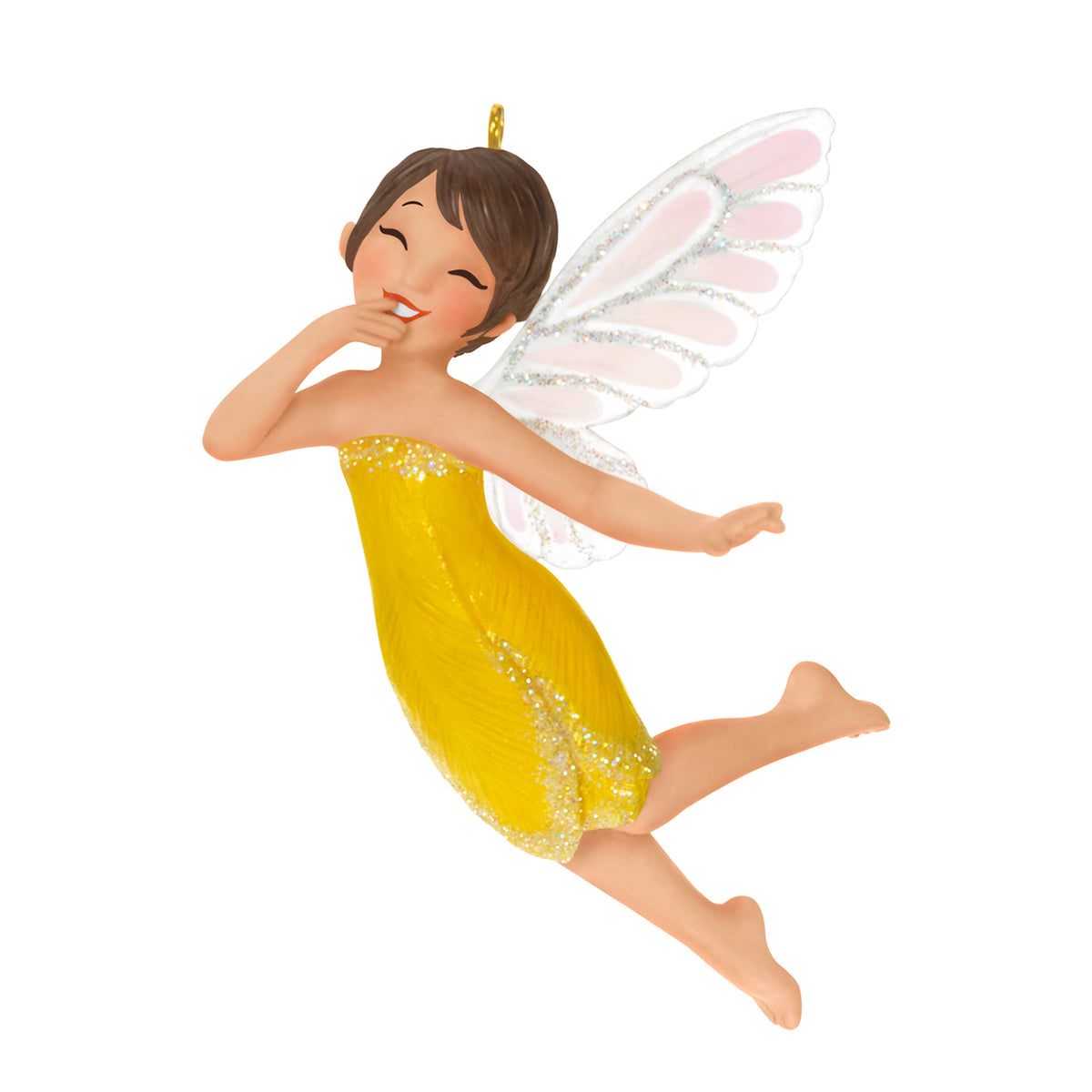 Fairy Messengers Crocus Fairy, 22nd in the Series — 2026 Hallmark Keepsake Christmas Ornament with sparkly wings, bright yellow dress, and a playful pose.