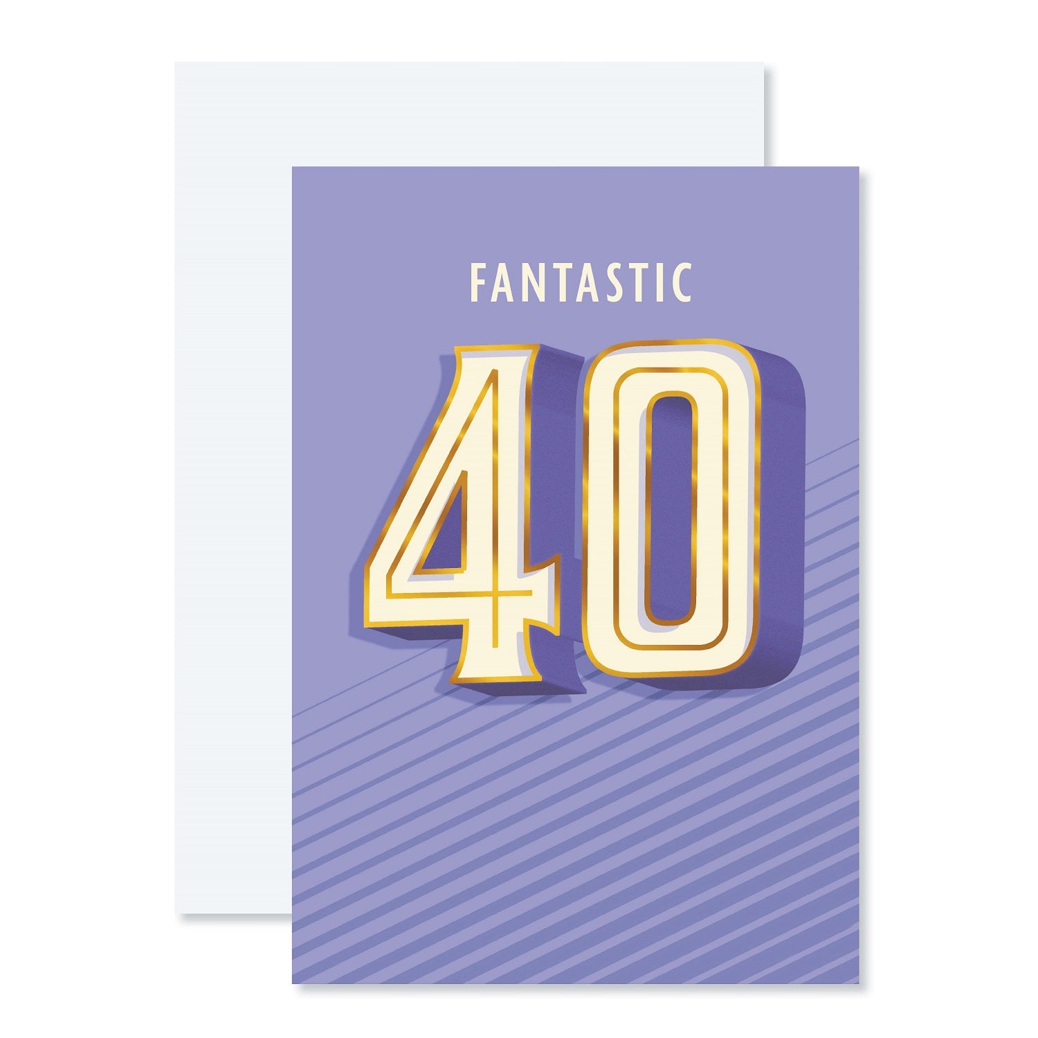 Connections from Hallmark 40th Birthday Card - Fantastic 40 featuring gold foil on a purple background with stripes, flat lay view.