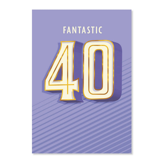 Connections from Hallmark 40th Birthday Card - Fantastic 40 featuring purple background and gold foil lettering, close-up view.