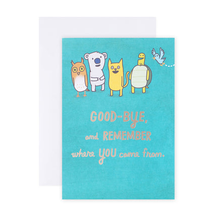 Hallmark Colossal Farewell Greeting Card - Animal Friends featuring vibrant illustrations of an owl, koala, cat, turtle, and bird.