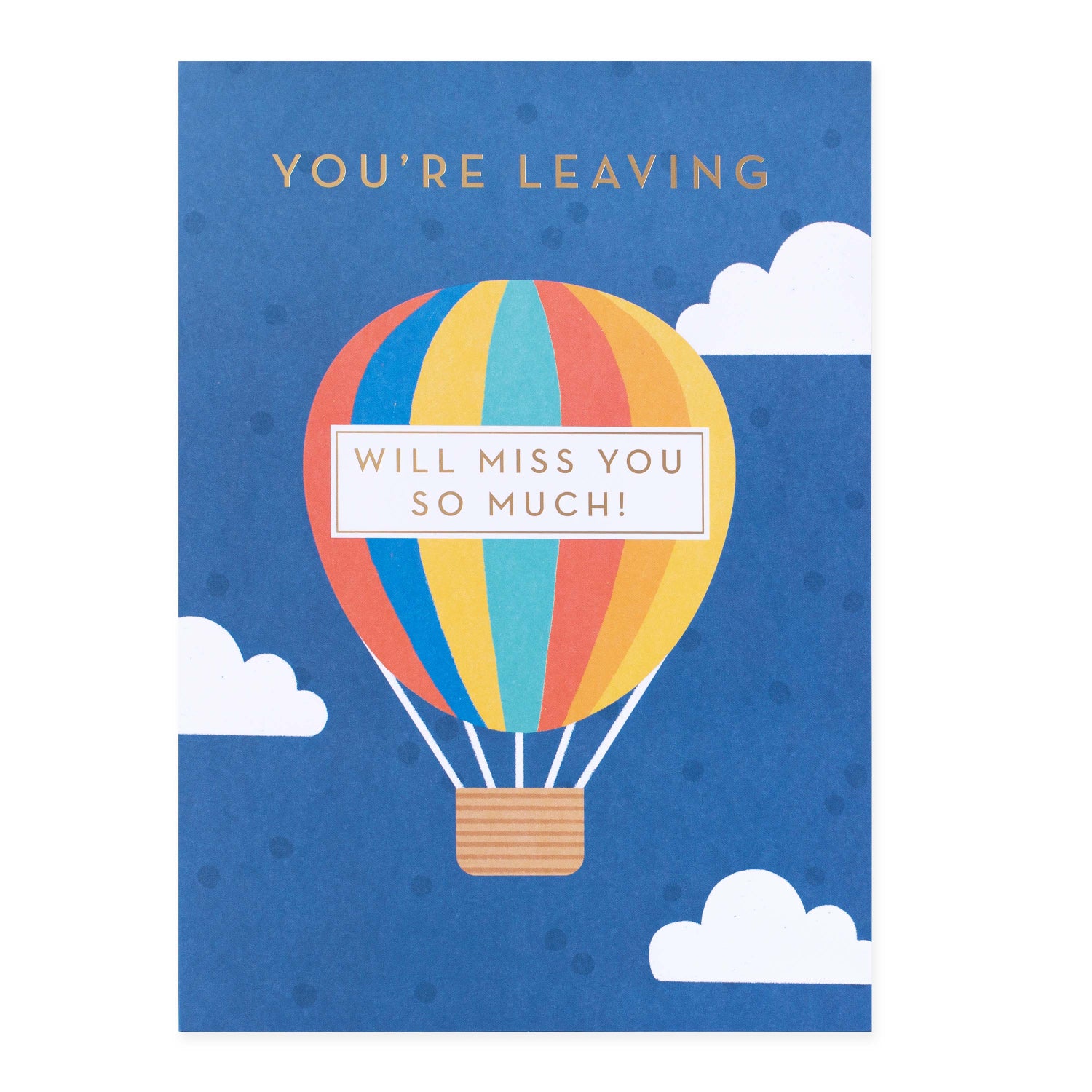 Hallmark colossal farewell greeting card - hot air balloon design featuring colourful illustration with clouds and gold foil accents.