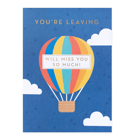 Hallmark colossal farewell greeting card - hot air balloon design featuring colourful illustration with clouds and gold foil accents.