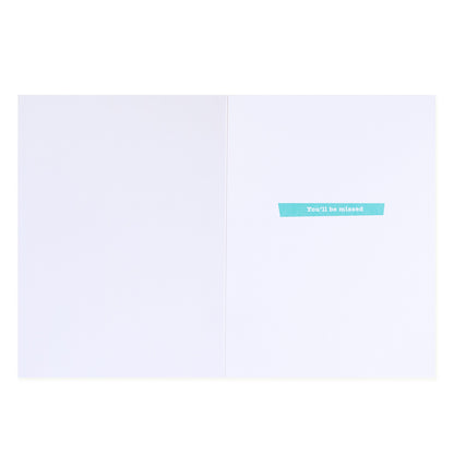 Hallmark Colossal Farewell Greeting Card - Colourful Stripes, interior view showing the message 'You'll be missed' in teal.
