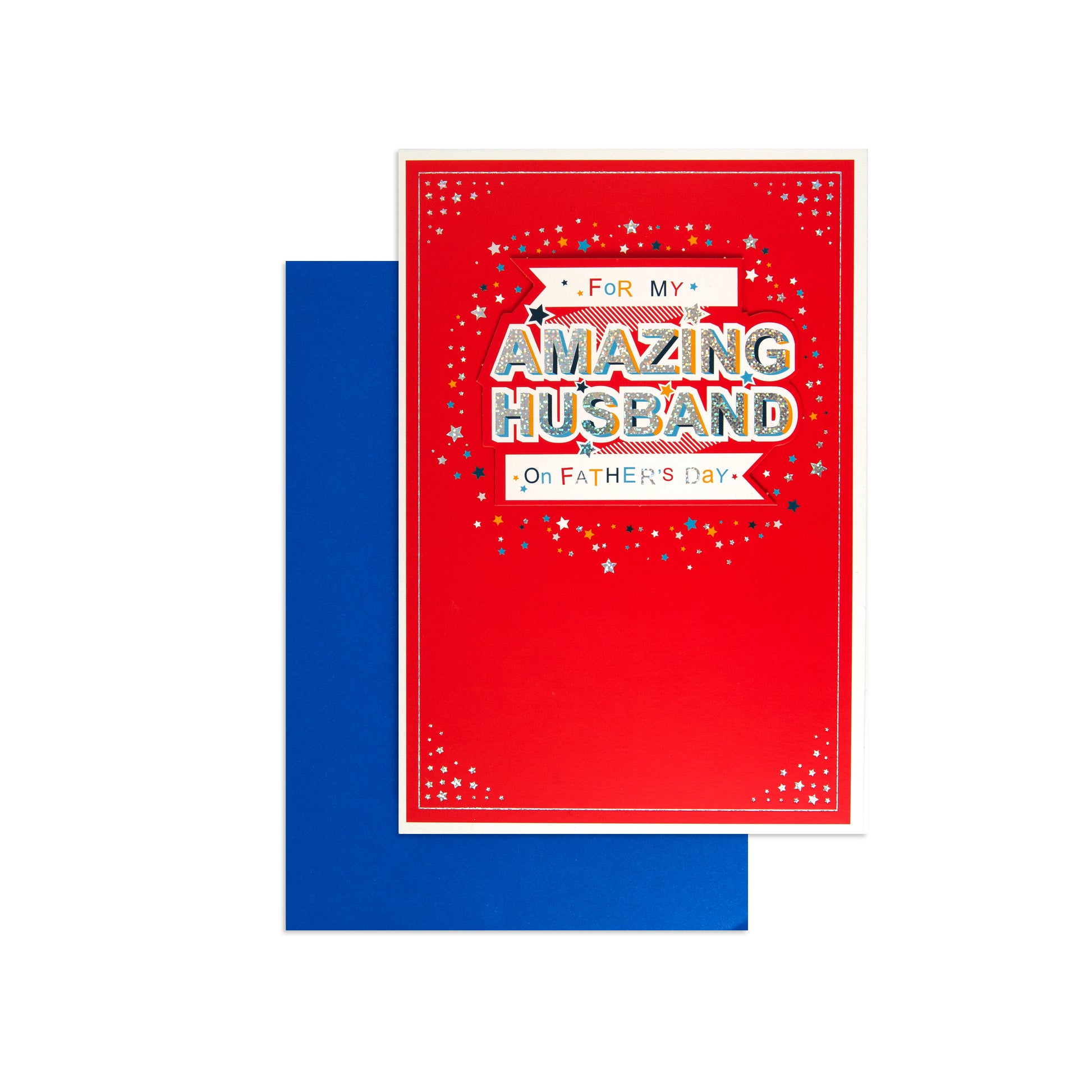 Fcc Male Husband Amazing greeting card featuring a bright red background with blue envelope, perfect for Father's Day.