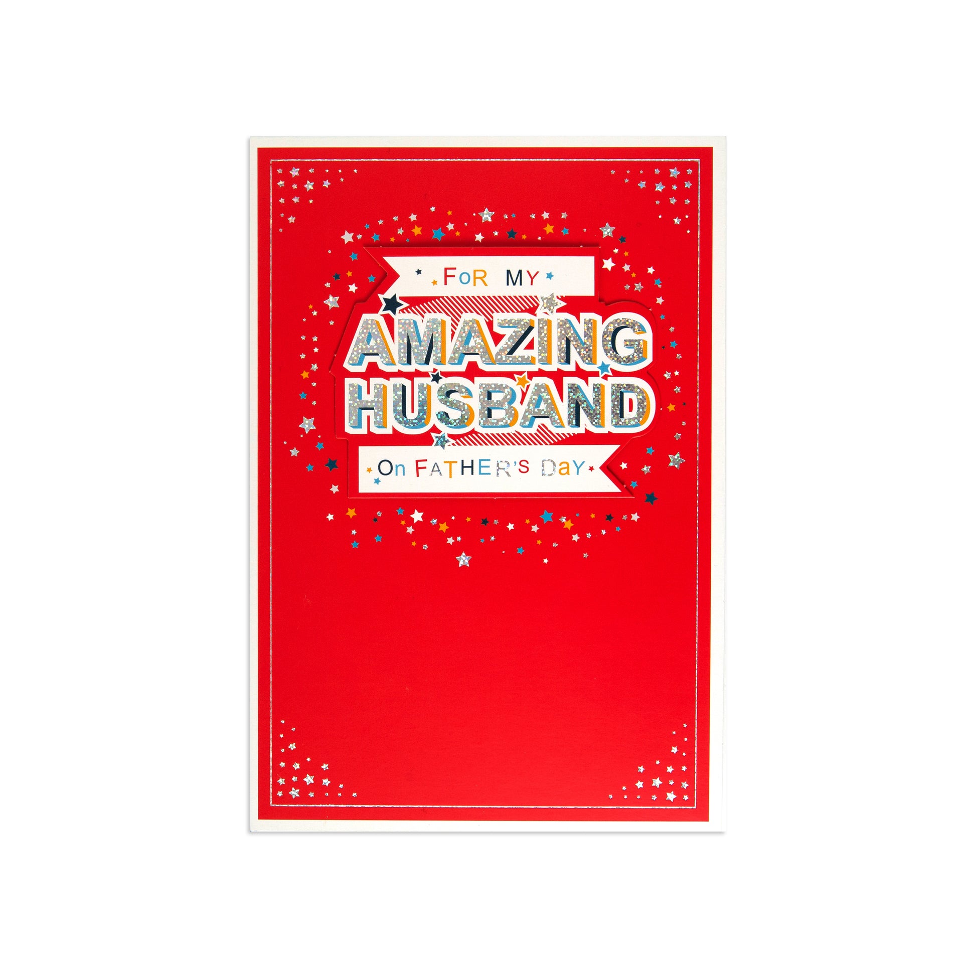 Fcc Male Husband Amazing greeting card with vibrant red background and colourful text for Father's Day celebration.