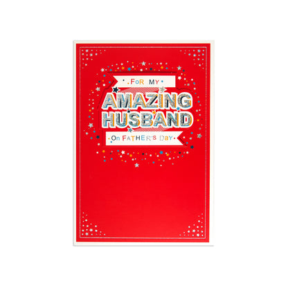 Fcc Male Husband Amazing greeting card with vibrant red background and colourful text for Father's Day celebration.