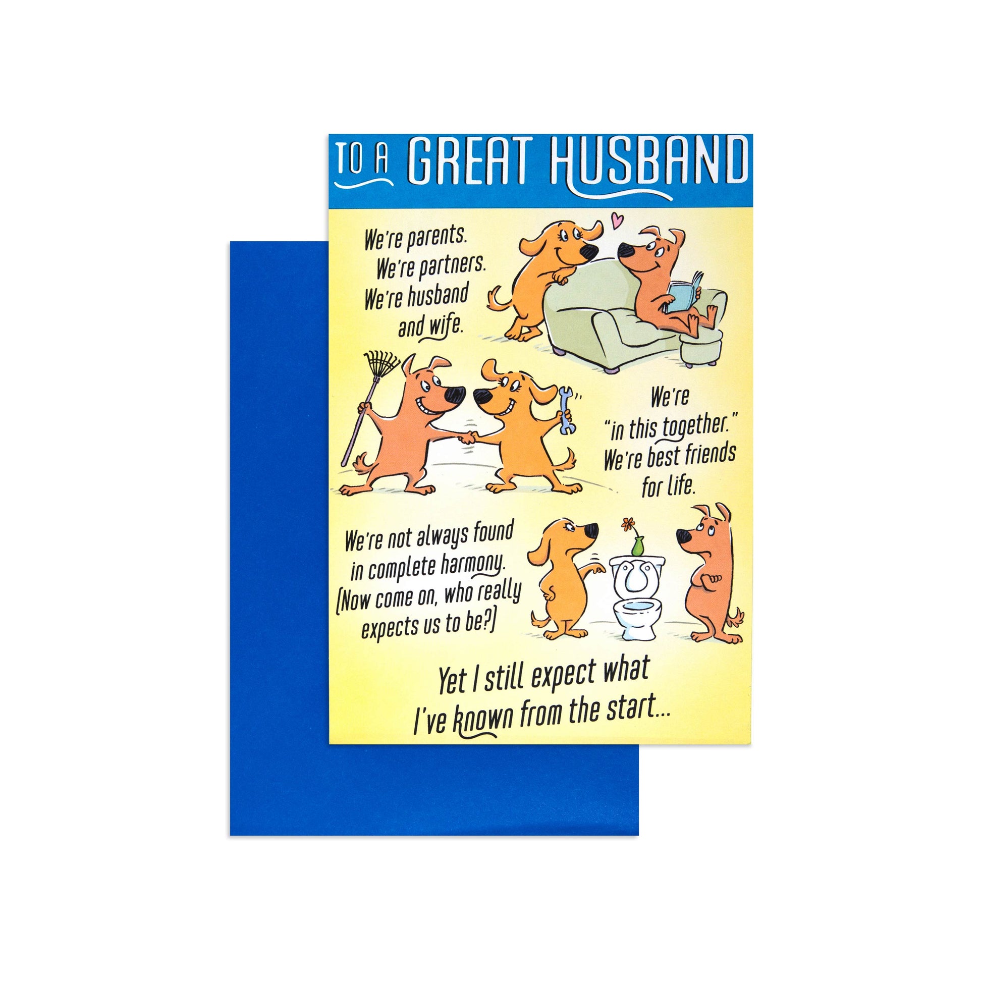 Fcc Husband Funny Dogs greeting card featuring humorous dog illustrations and a blue envelope, flat lay view.