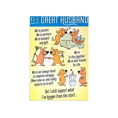 Fcc Husband funny dogs greeting card featuring playful cartoon dogs and humorous messages about partnership in a flat lay view.