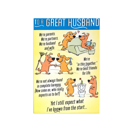 Fcc Husband funny dogs greeting card featuring playful cartoon dogs and humorous messages about partnership in a flat lay view.