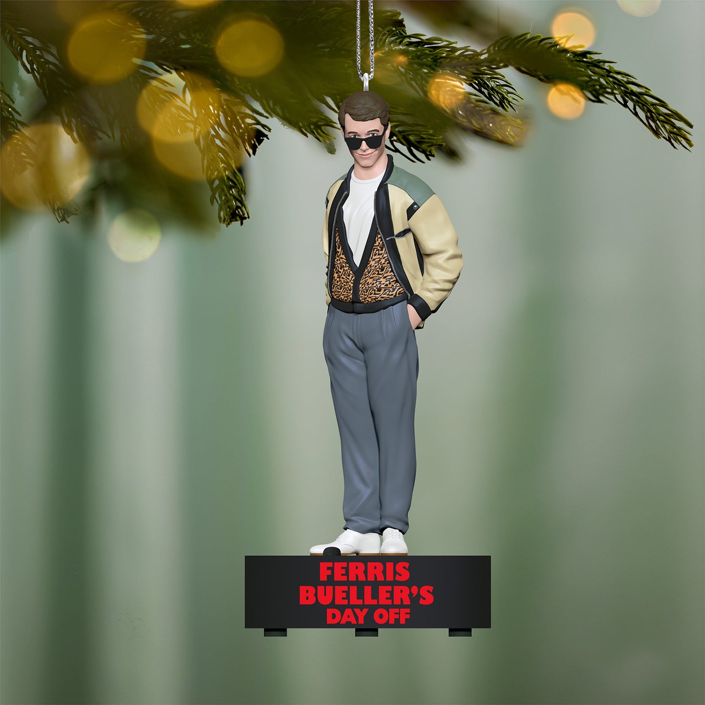 Ferris Bueller's Day Off Ferris Bueller With Sound — 2026 Hallmark Keepsake Christmas Ornament, detailed view of ornament on tree.