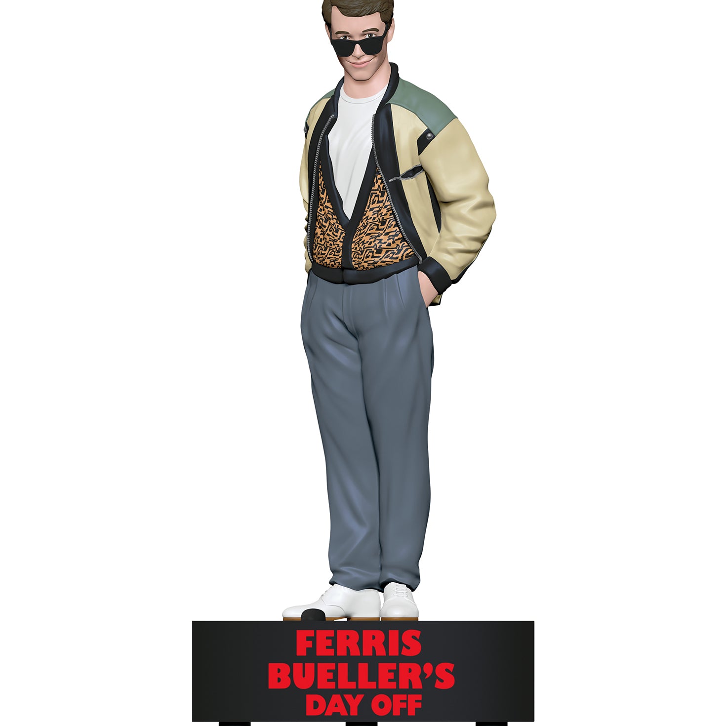 Ferris Bueller's Day Off Ferris Bueller With Sound — 2026 Hallmark Keepsake Christmas Ornament, collectible figurine in animal-print vest and bomber jacket.
