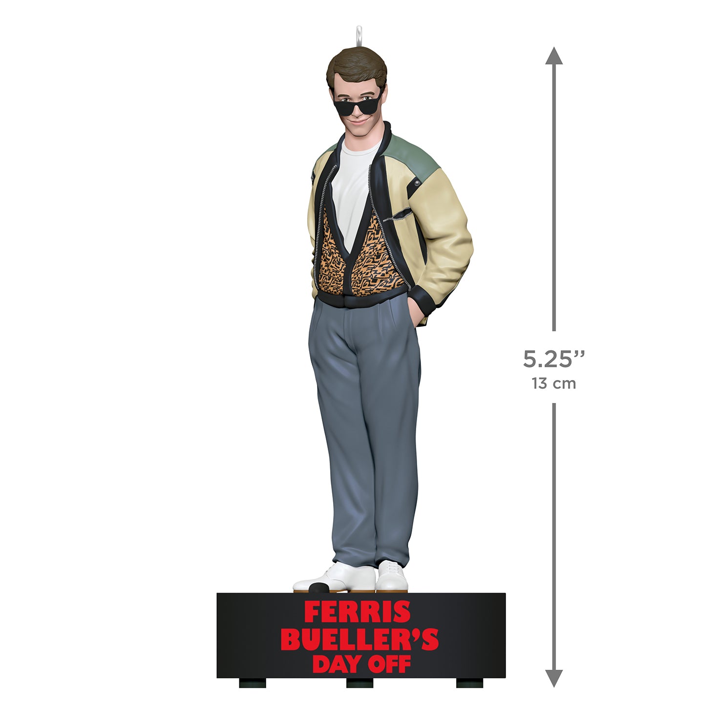 Ferris Bueller's Day Off Ferris Bueller With Sound — 2026 Hallmark Keepsake Christmas Ornament, standing figure in animal-print vest and bomber jacket, 13 cm tall