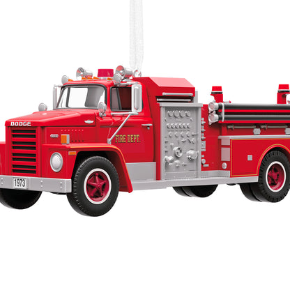 Fire Brigade 1973 Dodge C800 Fire Engine 2026 With Light, 24th in the Series — 2026 Hallmark Keepsake Christmas Ornament, detailed side view.