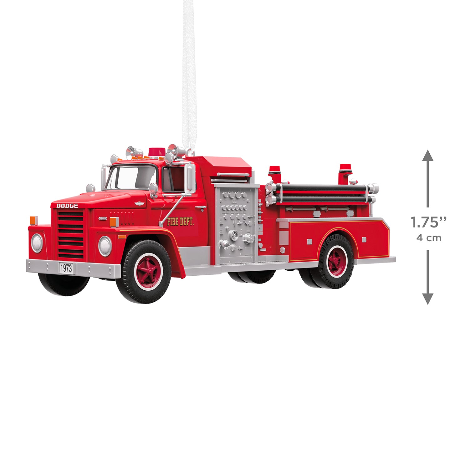 Fire Brigade 1973 Dodge C800 Fire Engine 2026 With Light, 24th in the Series — 2026 Hallmark Keepsake Christmas Ornament, detailed side view.