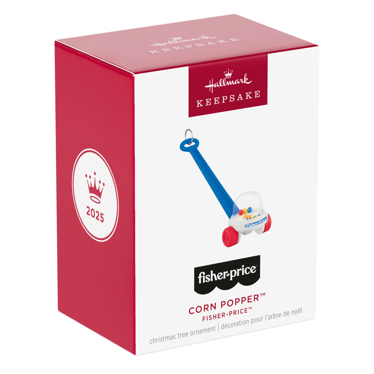 Fisher-Price™ Corn Popper™ — 2025 Hallmark Keepsake Christmas Ornament in gift box, featuring vibrant blue handle and red wheels.