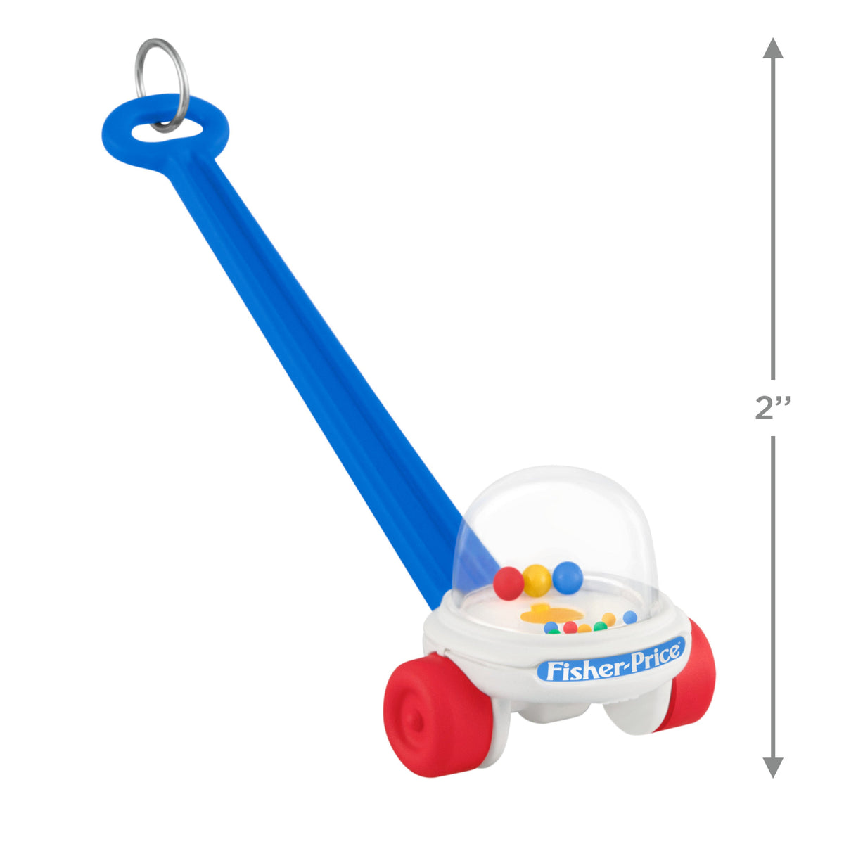 Fisher-Price™ Corn Popper™ — 2025 Hallmark Keepsake Christmas Ornament, colourful push toy with red wheels and blue handle, angled view