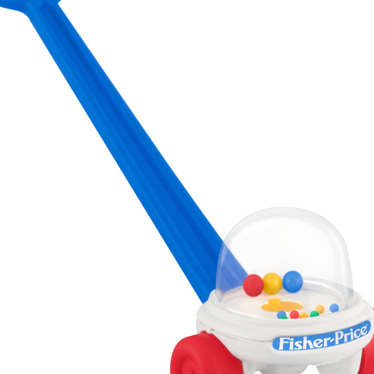 Fisher-Price™ Corn Popper™ — 2025 Hallmark Keepsake Christmas Ornament, close-up view of vibrant blue handle and colourful balls