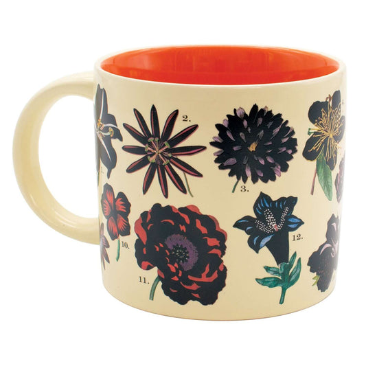 Unemployed Philosophers Guild - Flowers Mug featuring floral designs on a cream background with an orange interior, showcasing 12 flower species.