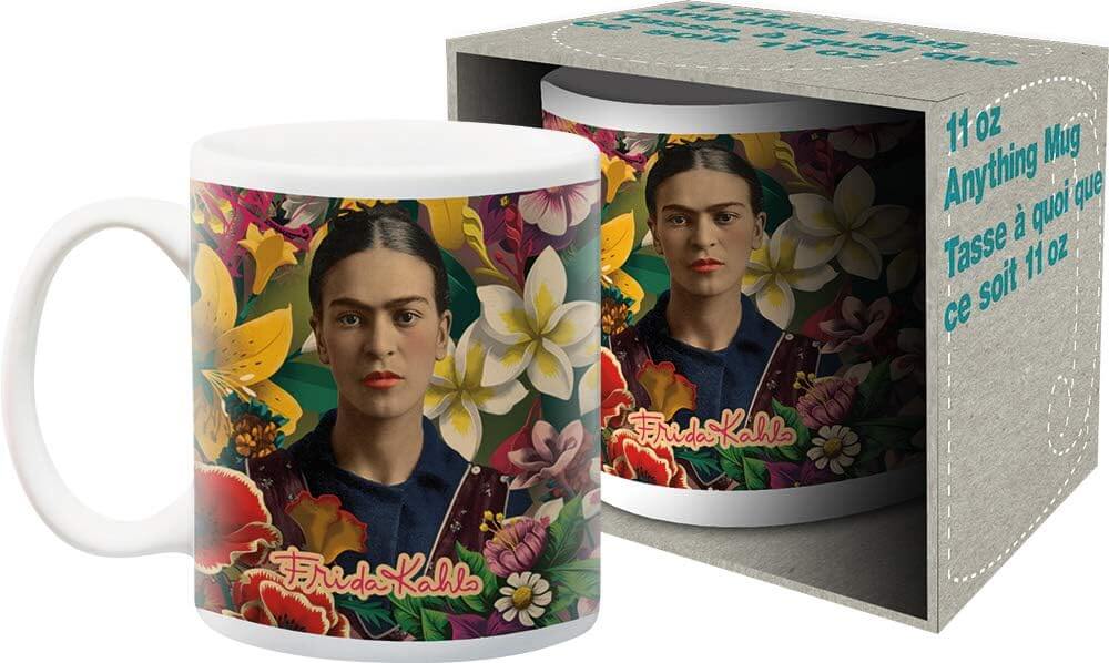 Frida Kahlo - Floral ceramic mug with vibrant floral design, 310ml capacity, displayed in its packaging.
