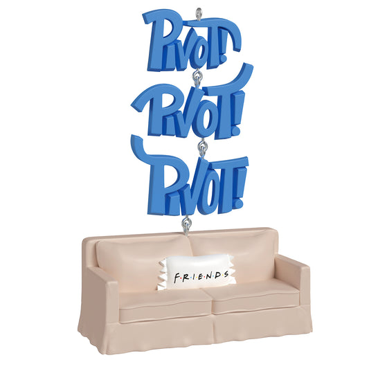 Friends Pivot! With Sound — 2026 Hallmark Keepsake Christmas Ornament featuring a beige couch and blue 'Pivot!' text, detailed view.