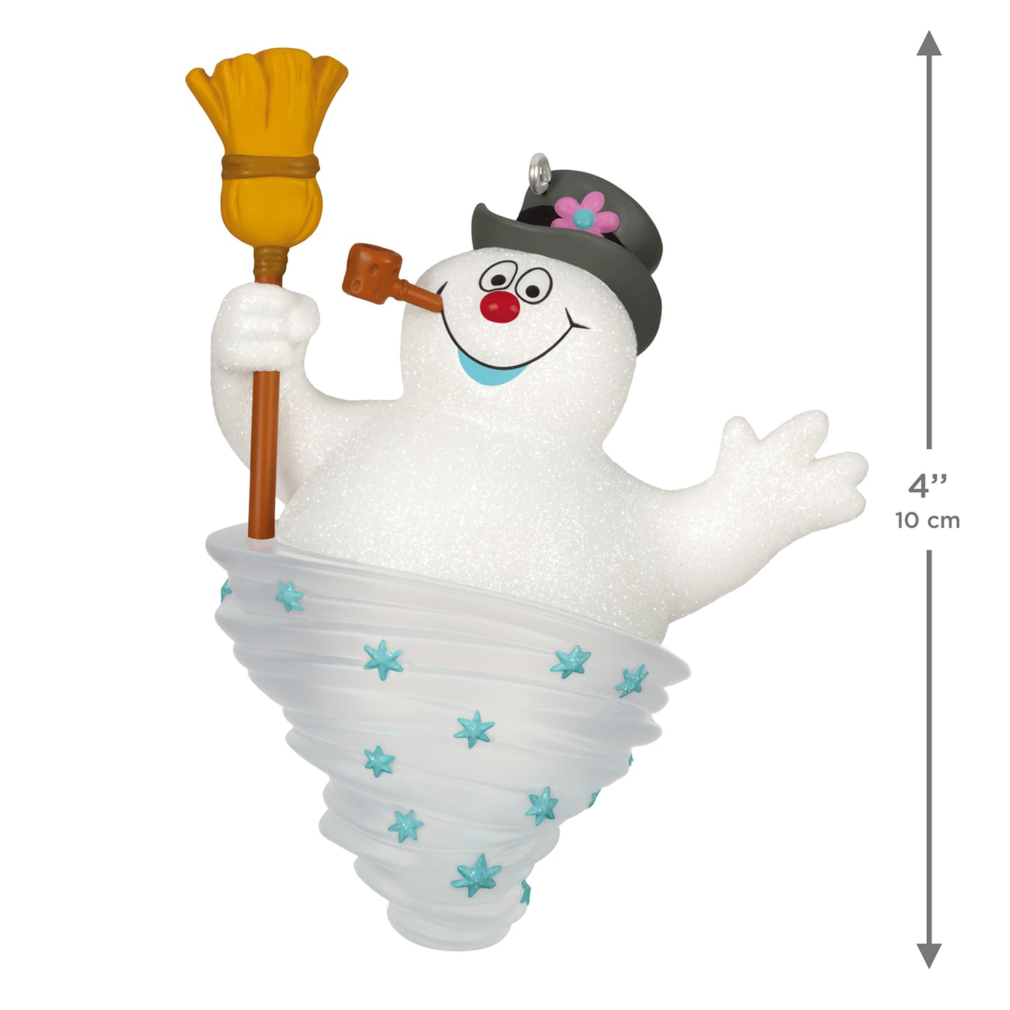 Frosty the Snowman™ — 2026 Hallmark Keepsake Christmas Ornament features a glittery snowman with a broom, embracing a whimsical pose.