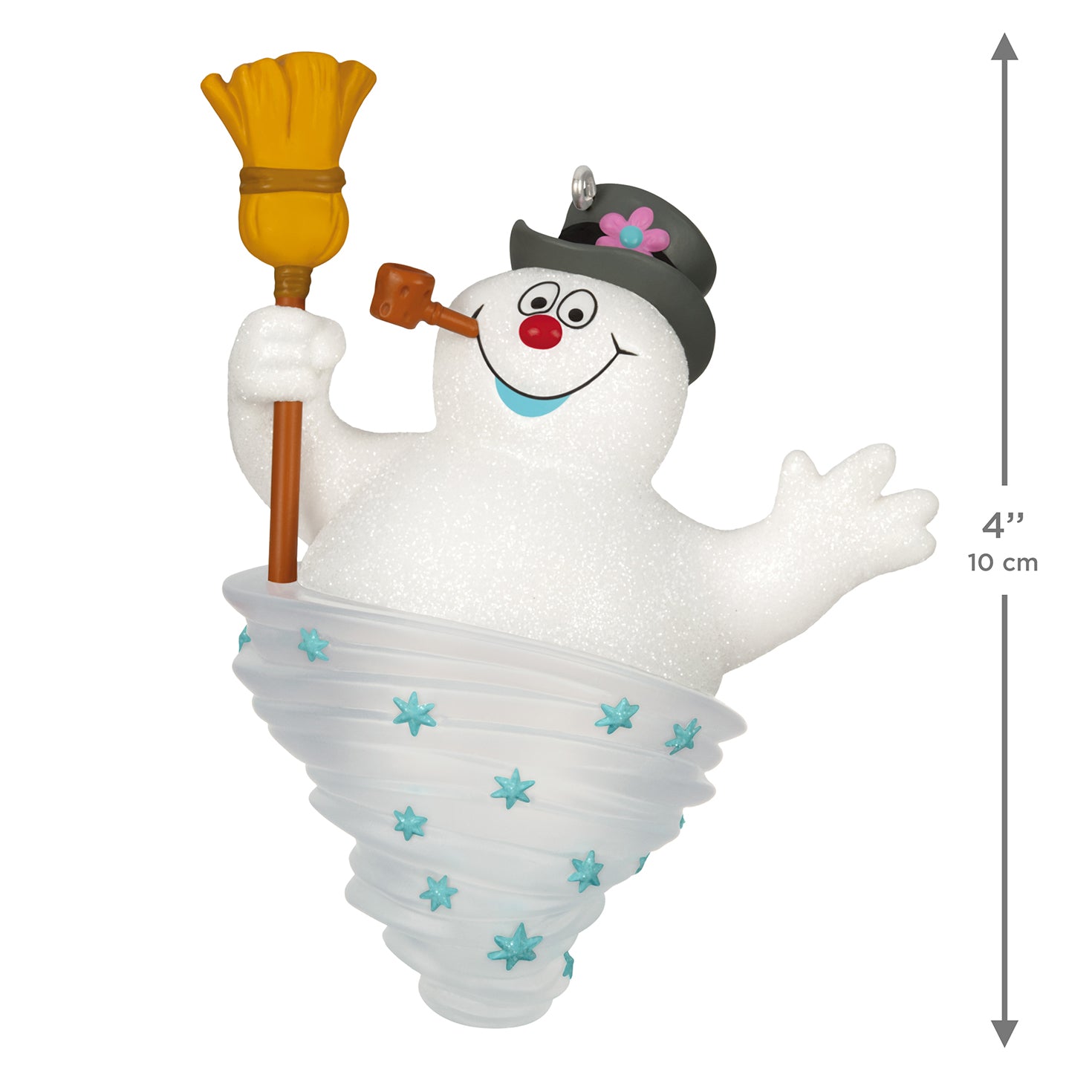 Frosty the Snowman™ — 2026 Hallmark Keepsake Christmas Ornament features a glittery snowman with a broom, embracing a whimsical pose.
