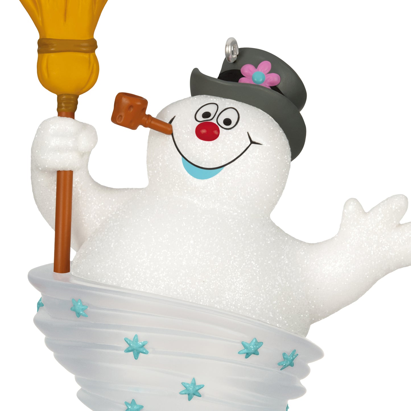 Frosty the Snowman™ — 2026 Hallmark Keepsake Christmas Ornament, sparkly design, holding broom and corn cob pipe, close up view.