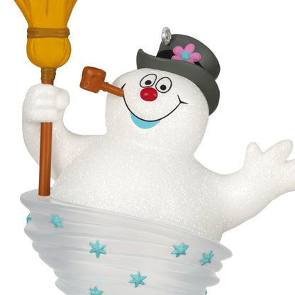 Frosty the Snowman™ — 2026 Hallmark Keepsake Christmas Ornament, sparkly design, holding broom and corn cob pipe, close up view.