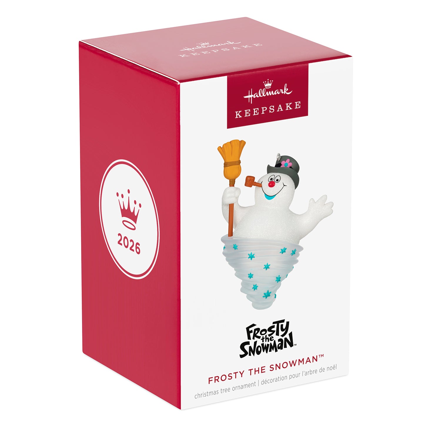 Frosty the Snowman™ — 2026 Hallmark Keepsake Christmas Ornament in gift packaging, showcasing the character holding a broom.