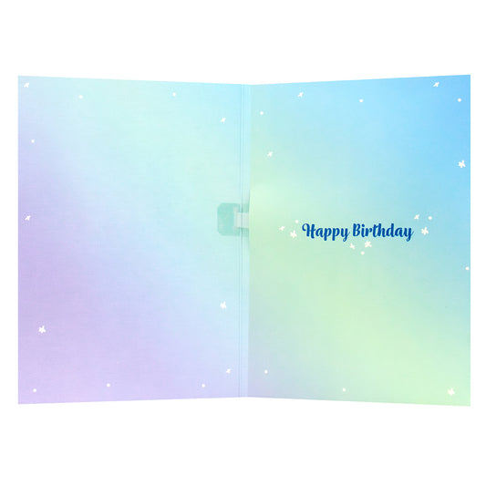 Hallmark Interactive Sound Card - Disney Frozen, birthday card interior, pastel gradient design, features 'Happy Birthday' message.