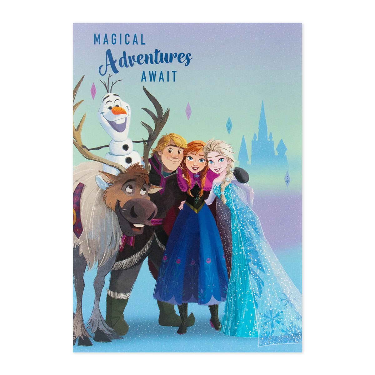 Hallmark Interactive Sound Card - Disney Frozen featuring Elsa, Anna, Olaf, Kristoff, and Sven with 'Magical Adventures Await' text