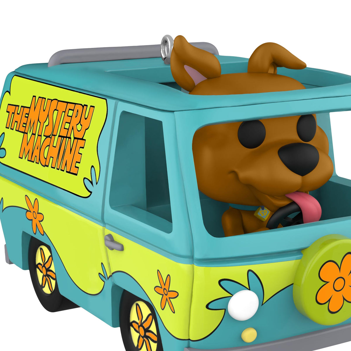 Funko Pop!® Scooby-Doo™, Mystery Machine — 2025 Hallmark Keepsake Christmas Ornament, close up of Scooby driving the retro van with colourful details.
