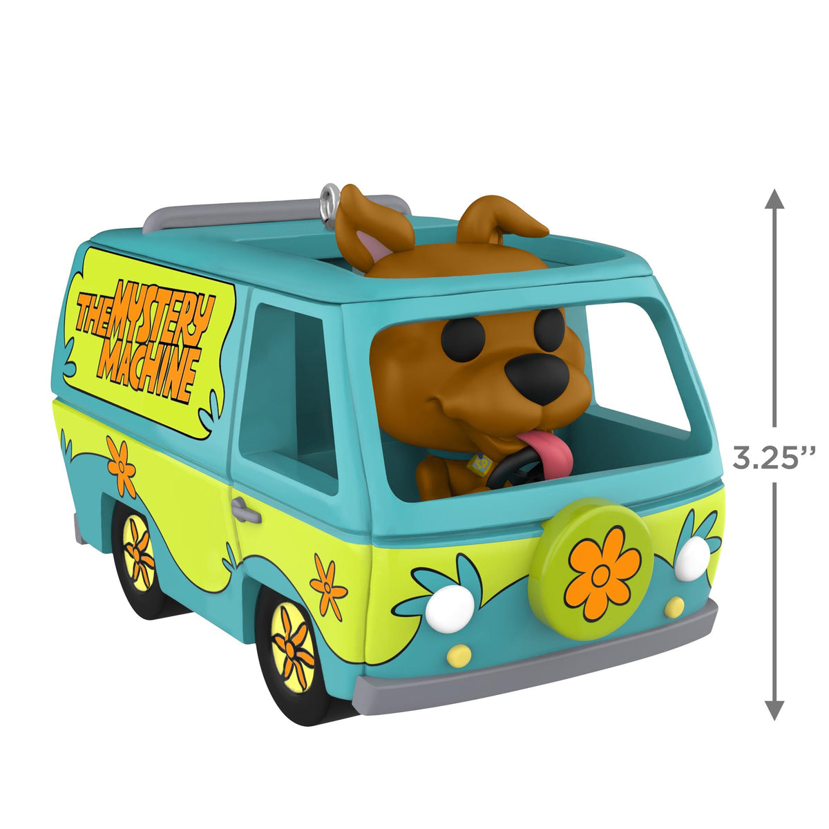 Funko Pop!® Scooby-Doo™, Mystery Machine — 2025 Hallmark Keepsake Christmas Ornament featuring Scooby-Doo driving, angled view, 8.3 cm tall.
