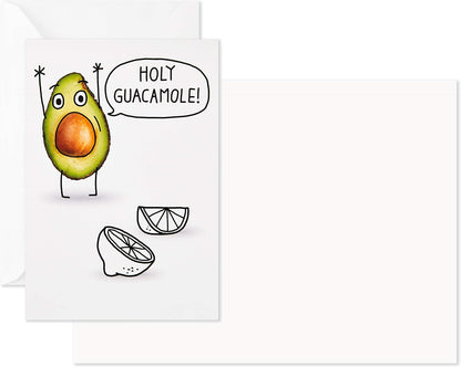 Hallmark Shoebox Funny Blank Cards Assortment featuring an excited avocado cartoon with lemons and a blank interior, flat lay view.