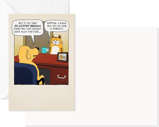Hallmark Shoebox Funny Blank Cards Assortment (12 All Occasion Cards with Envelopes) featuring a cartoon of a dog and cat at a desk.