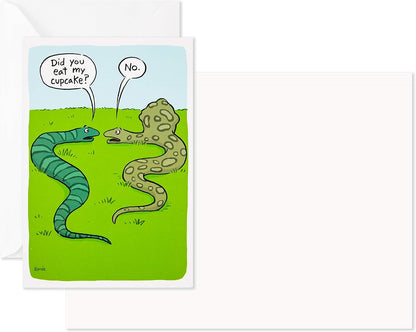 Hallmark Shoebox Funny Blank Cards Assortment featuring a cartoon snake dialogue on a birthday card, blank inside, close up view.