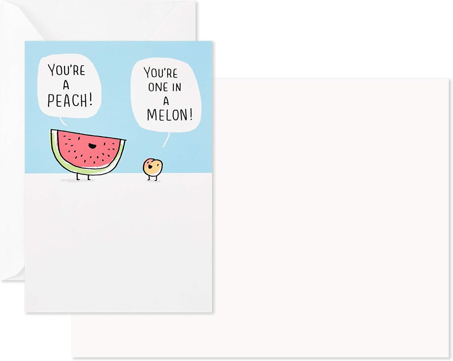 Hallmark Shoebox Funny Blank Cards Assortment features a punny watermelon and peach design with blank interior, 5" x 7.2" size.