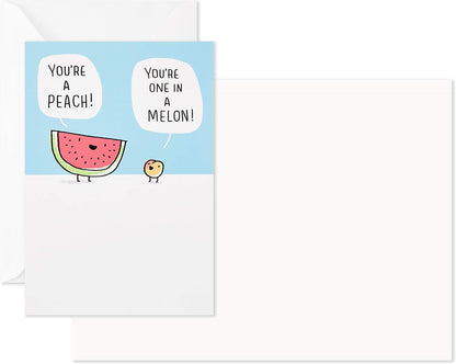 Hallmark Shoebox Funny Blank Cards Assortment features a punny watermelon and peach design with blank interior, 5" x 7.2" size.