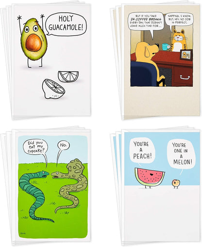 Hallmark Shoebox Funny Blank Cards Assortment (12 All Occasion Cards with Envelopes) featuring humorous cartoon designs with fruits and animals, flat lay view.