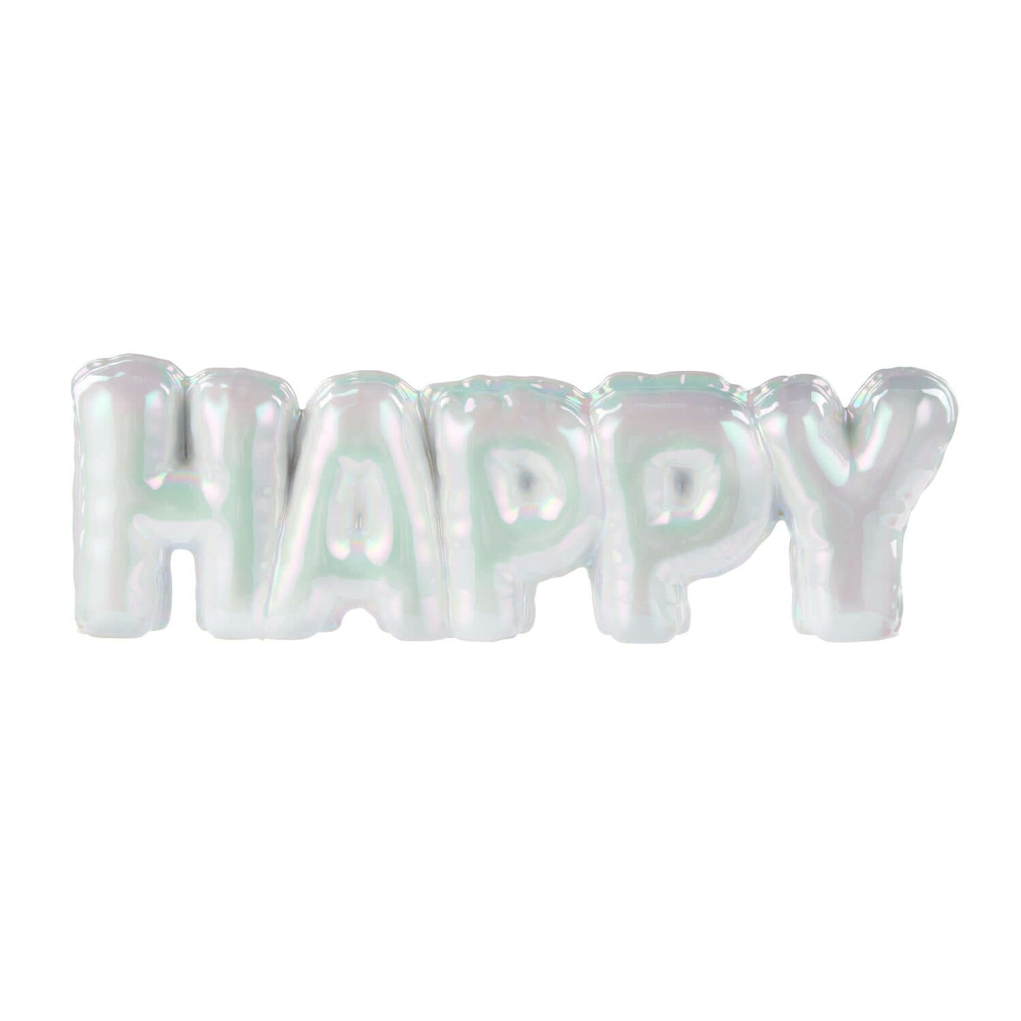 Happy Balloon Sculpture 34x5x11cm in glossy white clay with shiny metallic glaze, showcasing the word HAPPY.